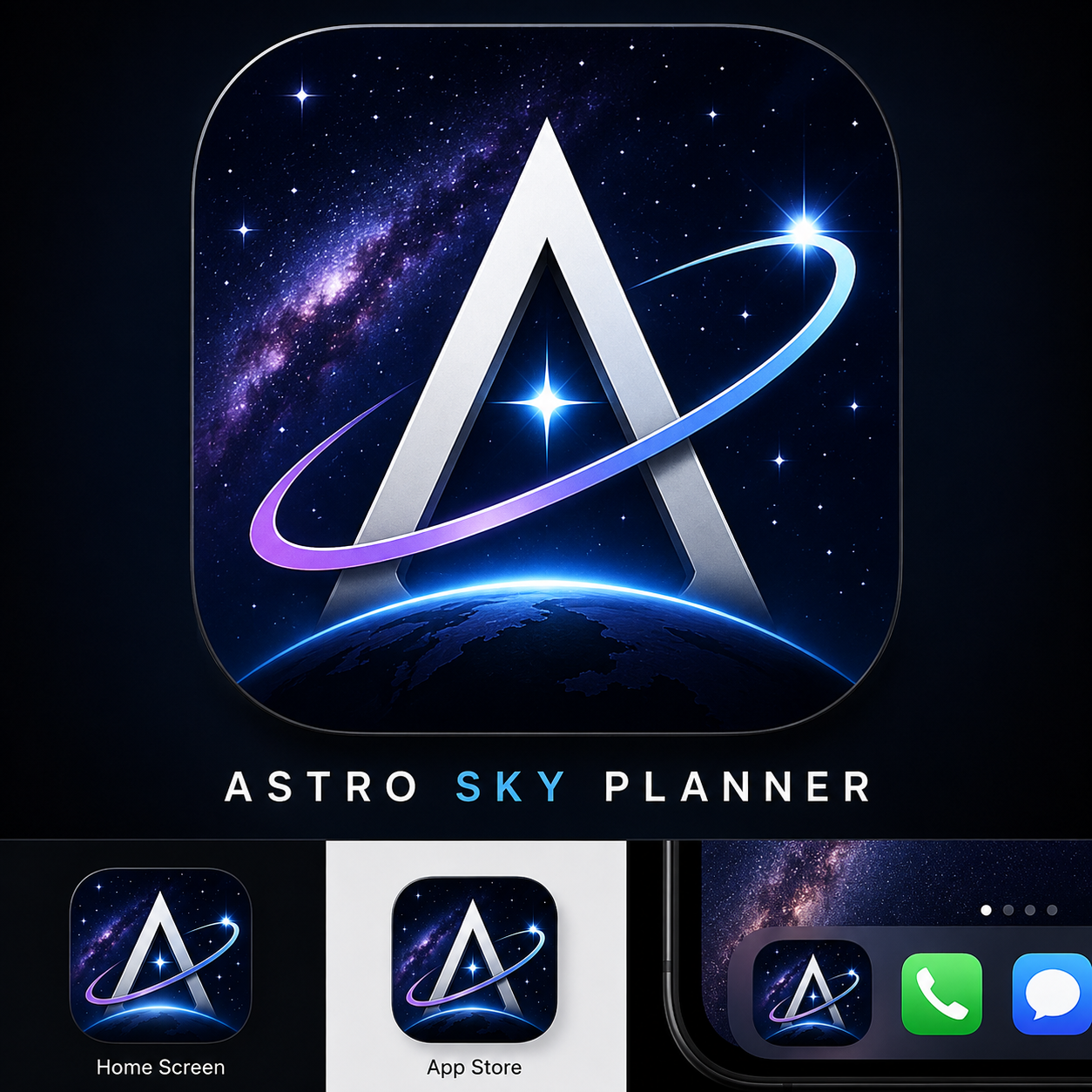 Astro Sky Planner Android app icon and branding mockup